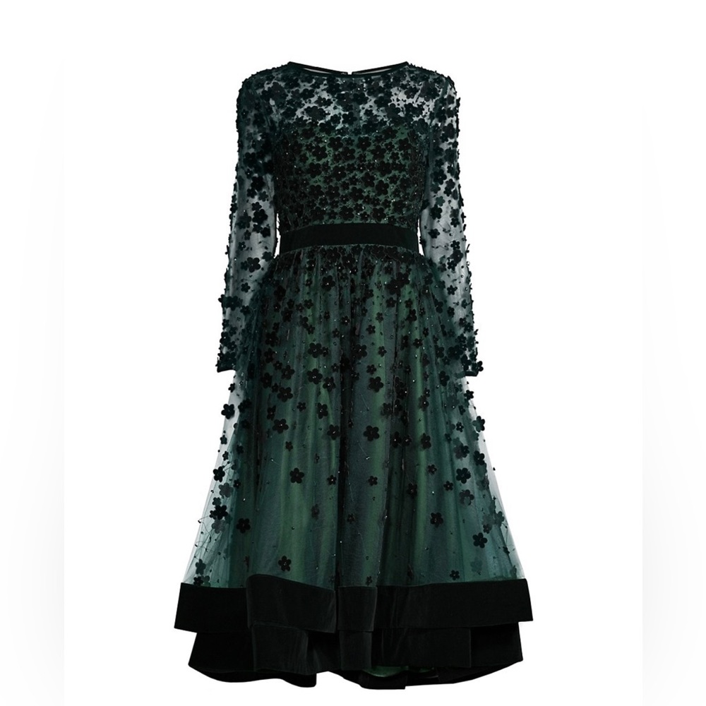Mac Duggal Embellished Long Sleeve Velvet Midi Dress Green Floral Size 8